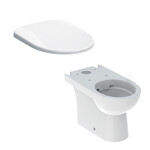 Stojąca miska WC Selnova do spłuczki nasadzanej, lejowa, B35.5 cm, H40 cm, T66 cm, częściowo ukryte mocowania, odpływ uniwersalny, Rimfree Deska sedesowa WC wolnoopadająca Selnova mocowanie od góry, zawiasy metalowe, z wypinanymi zawiasami, zachodząca pokrywa biała